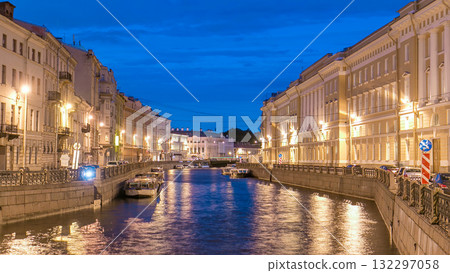 Night view of the Moyka River Quay with bridge timelapse. Saint Petersburg, Russia. 132297058
