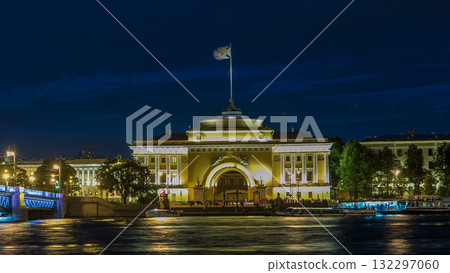 Quay of river Neva with building of Admiralty and Palace bridge timelapse hyperlapse at wthite night. St. Petersburg, Russia 132297060