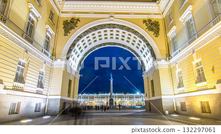 View of the Alexander Column through the arch of the General Staff timelapse hyperlapse. View of the Alexander Column through the arch of the General Staff timelapse hyperlapse. 132297061