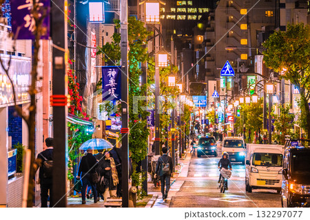 Tokyo cityscape in Japan: A town filled with atmosphere. A view of Kagurazaka at night, with light rain "dancing" Tokyo cityscape in Japan: A town filled with atmosphere. A view of Kagurazaka at night, with light rain "dancing" 132297077
