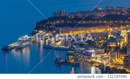 Aerial top view of Monaco from the grand corniche road day to night timelapse, Monaco France 132297090