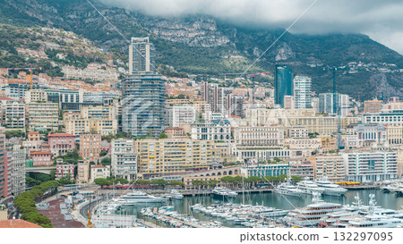 Monte Carlo city aerial panorama timelapse. View of luxury yachts and apartments in harbor of Monaco, Cote d'Azur. 132297095