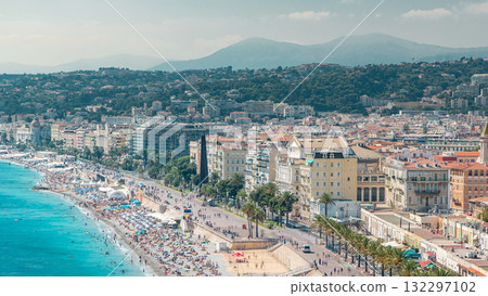Nice beach day landscape aerial top view timelapse, France. 132297102