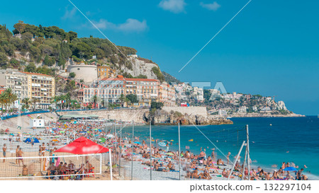 View of the beach in Nice timelapse, France, near the Promenade des Anglais. 132297104