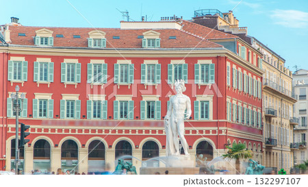 Fountain The Sun Fountain du Soleil with a marble statue of Apollo timelapse. France, Nice 132297107