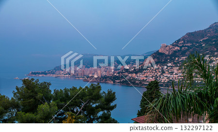 Cityscape of Monte Carlo night to day timelapse, Monaco before summer sunrise. 132297122