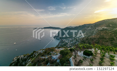 Scenic timelapse view of the Mediterranean coastline of the town of Eze village on the French Riviera Scenic timelapse view of the Mediterranean coastline of the town of Eze village on the French Riviera 132297124