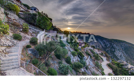 Sunrise timelapse view of the town of Eze village on the French Riviera 132297132