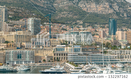 Monte Carlo city aerial panorama timelapse. View of luxury yachts and buildings in harbor of Monaco, Cote d'Azur. 132297162