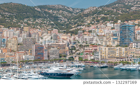 Monte Carlo city aerial panorama timelapse. View of luxury yachts and apartments in harbor of Monaco, Cote d'Azur. 132297169