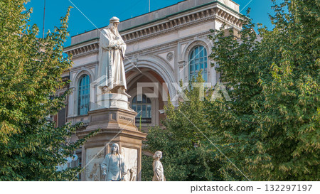 Monument to Leonardo da Vinci in Piazza della Scala meaning La Scala square timelapse in Milan, Italy 132297197