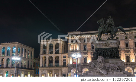 Vittorio Emanuele II statue at Piazza del Duomo timelapse at night. Milan in Lombardy, Italy. Vittorio Emanuele II statue at Piazza del Duomo timelapse at night. Milan in Lombardy, Italy. 132297201