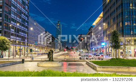 Evening in business part of city Milan located on the Vittor Pisani Street Via Vittor Pisani day to night timelapse 132297206