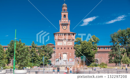 Main entrance to the Sforza Castle - Castello Sforzesco and fountain in front of it timelapse, Milan, Italy Main entrance to the Sforza Castle - Castello Sforzesco and fountain in front of it timelapse, Milan, Italy 132297208