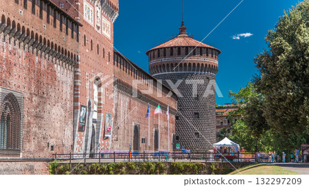 Main entrance to the Sforza Castle and tower - Castello Sforzesco timelapse, Milan, Italy 132297209