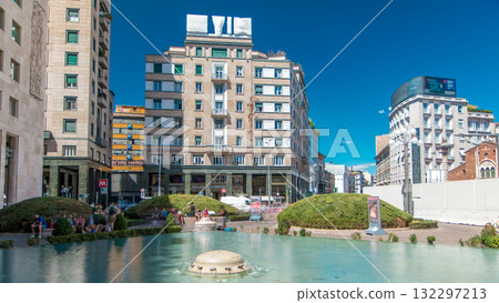 Famous fashion square of Milano Piazza San Babila timelapse with fountain. Famous fashion square of Milano Piazza San Babila timelapse with fountain. 132297213
