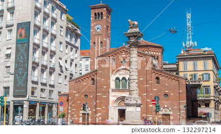 Church of San Babila timelapse and the column with lion on the top on Avenue Buenos Aires in Milan Church of San Babila timelapse and the column with lion on the top on Avenue Buenos Aires in Milan 132297214