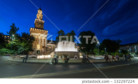 Main entrance to the Sforza Castle and tower - Castello Sforzesco day to night timelapse, Milan, Italy Main entrance to the Sforza Castle and tower - Castello Sforzesco day to night timelapse, Milan, Italy 132297224