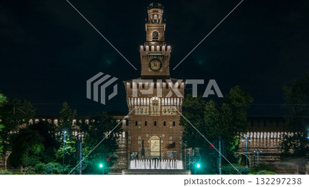 Main entrance to the Sforza Castle and tower - Castello Sforzesco night timelapse, Milan, Italy 132297238
