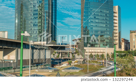 Milan skyline with modern skyscrapers in Porta Nuova business district timelapse in Milan, Italy, at sunset. Milan skyline with modern skyscrapers in Porta Nuova business district timelapse in Milan, Italy, at sunset. 132297244