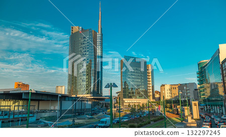 Milan skyline with modern skyscrapers in Porta Nuova business district timelapse in Milan, Italy, at sunset. Milan skyline with modern skyscrapers in Porta Nuova business district timelapse in Milan, Italy, at sunset. 132297245