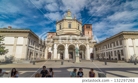 Facade of San Lorenzo Maggiore Basilica timelapse hyperlapse and statue of Constantine emperror in front. Facade of San Lorenzo Maggiore Basilica timelapse hyperlapse and statue of Constantine emperror in front. 132297268