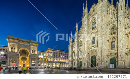 Cathedral Duomo di Milano and Vittorio Emanuele gallery day to night timelapse in Square Piazza Duomo, Milan, Italy. Cathedral Duomo di Milano and Vittorio Emanuele gallery day to night timelapse in Square Piazza Duomo, Milan, Italy. 132297271