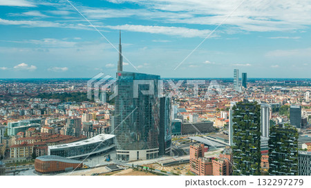 Milan aerial view of modern towers and skyscrapers and the Garibaldi railway station in the business district timelapse Milan aerial view of modern towers and skyscrapers and the Garibaldi railway station in the business district timelapse 132297279
