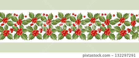 Festive Christmas border frame with holly berries. Christmas garland of holly branches on a white background. Festive Christmas border frame with holly berries. Christmas garland of holly branches on a white background. 132297291