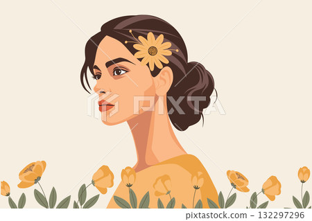 Elegant female profile portrait with yellow flowers. Banner for Women's Day, Mother's Day. Elegant female profile portrait with yellow flowers. Banner for Women's Day, Mother's Day. 132297296