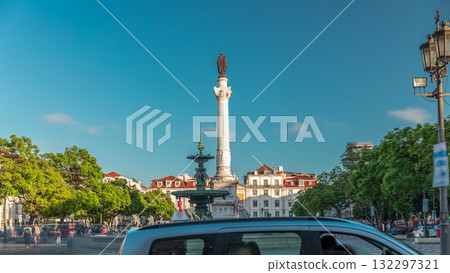 Timelapse hyperlapse of Rossio Square with wavy cobblestones, fountain and Pedro IV monument. Lisbon, Portugal Timelapse hyperlapse of Rossio Square with wavy cobblestones, fountain and Pedro IV monument. Lisbon, Portugal 132297321
