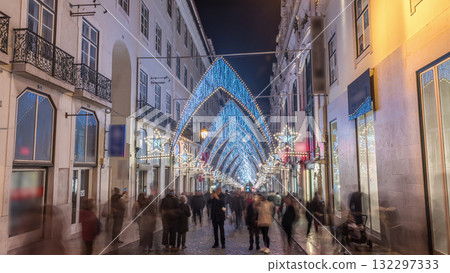 Night timelapse hyperlapse of Christmas lights and decorations in downtown Lisbon at Chiado 132297333