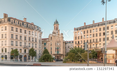 Hyperlapse of Place Antonin Jutard and the Mutuality Palace facade from the waterfront near Guillotiere Bridge in Lyon, France. 132297341