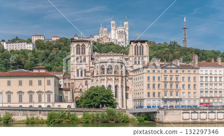 Hyperlapse of Saint John the Baptist Cathedral and Basilica of Notre-Dame de Fourviere in Lyon. France Hyperlapse of Saint John the Baptist Cathedral and Basilica of Notre-Dame de Fourviere in Lyon. France 132297346