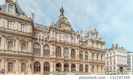 Hyperlapse of Palais de la Bourse or Palais du Commerce front view in the Les Cordeliers quarter, Lyon, France. 132297349