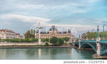 Panoramic hyperlapse view of the Rhone River and its embankment, featuring the University Jean-Moulin in Lyon, France. 132297353