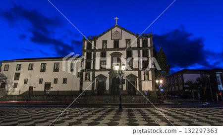 Funchal town hall and square with a fountain timelapse hyperlapse. Madeira, Portugal. 132297363