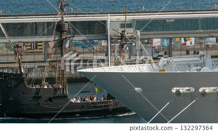 Replica of vessel Santa Maria is passing the port of Funchal timelapse Replica of vessel Santa Maria is passing the port of Funchal timelapse 132297364