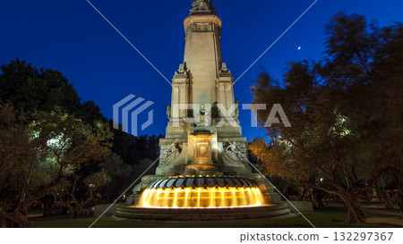 Cervantes monument timelapse hyperlapse on the Square of Spain in Madrid day to night transition 132297367