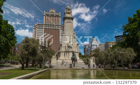 Stone sculpture of Miguel de Cervantes timelapse hyperlapse and bronze sculptures of Don Quixote and Sancho Panza 132297370