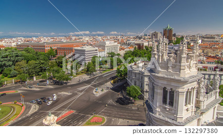 Aerial view of Cibeles fountain at Plaza de Cibeles in Madrid timelapse in a beautiful summer day, Spain 132297380