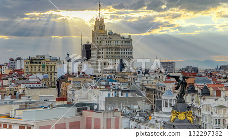 Telefonica Building is a Manhattan-style skyscraper at Gran Via timelapse, Madrid, Spain. 132297382