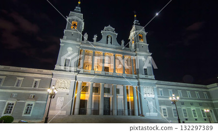 Santa Maria la Real de La Almudena in night timelapse hyperlapse in Madrid, Spain 132297389