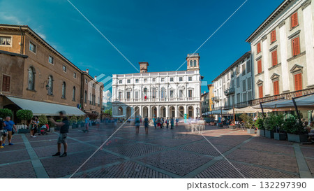 Main square piazza Vecchia in an Italian town Bergamo timelapse. Library and historic buildings. 132297390
