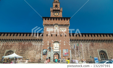 Main entrance to the Sforza Castle - Castello Sforzesco timelapse hyperlapse, Milan, Italy 132297391
