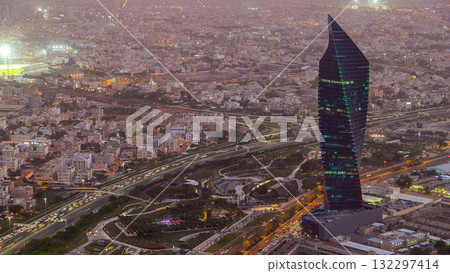 Kuwait City cityscape day to night timelapse is the capital of Kuwait. Sunset time. 132297414