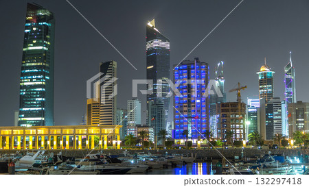 Yachts and boats at the Sharq Marina night timelapse hyperlapse in Kuwait. Kuwait City, Middle East 132297418