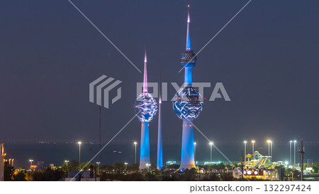 The Kuwait Towers day to night timelapse - the best known landmark of Kuwait City. Kuwait, Middle East The Kuwait Towers day to night timelapse - the best known landmark of Kuwait City. Kuwait, Middle East 132297424