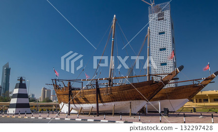 Historic dhow ships timelapse hyperlapse at the Maritime Museum of in Kuwait. Kuwait, Middle East 132297428