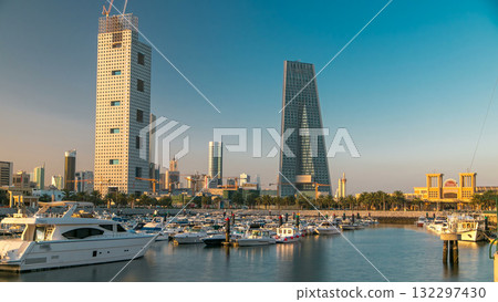 Yachts and boats at the Sharq Marina morning timelapse after sunrise in Kuwait. Kuwait City, Middle East 132297430